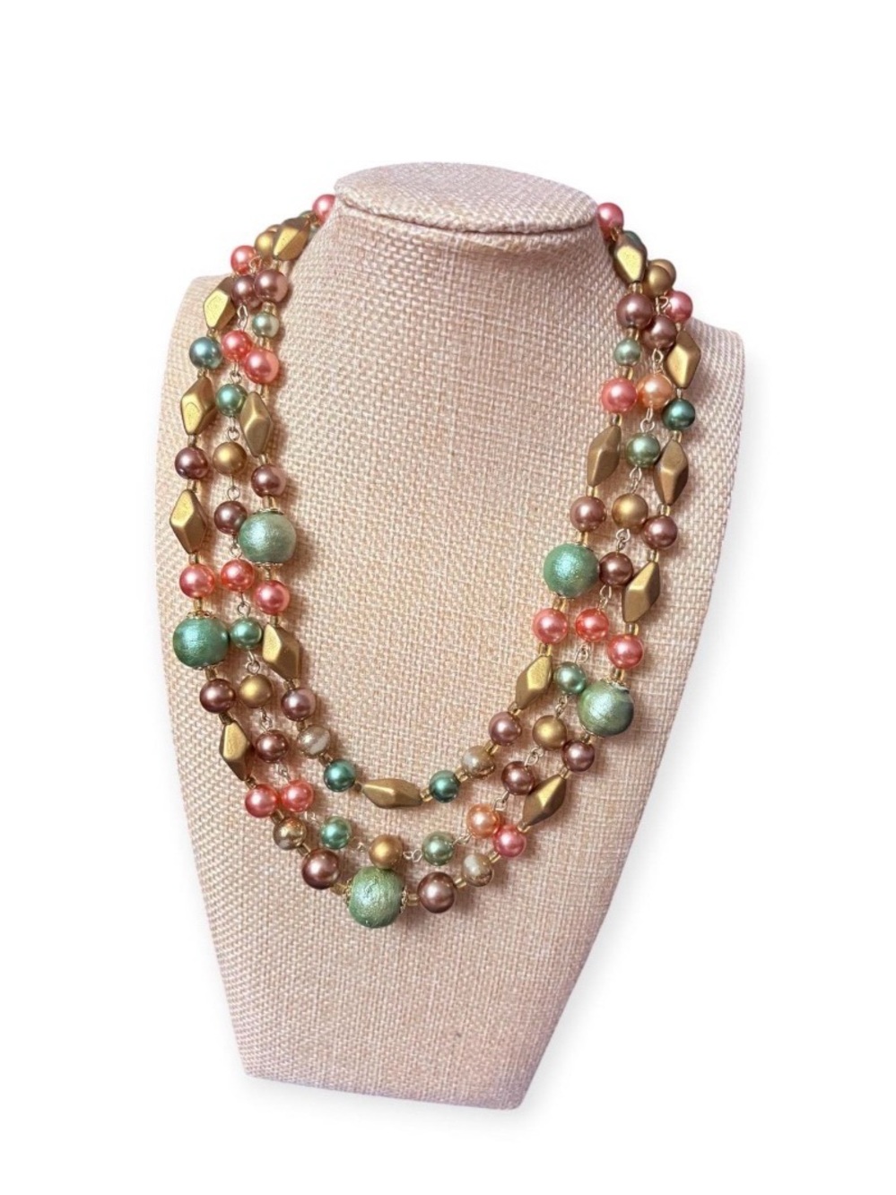 Vintage Signed JAPAN Triple Strand Necklace, Mint Green Sugar Beads